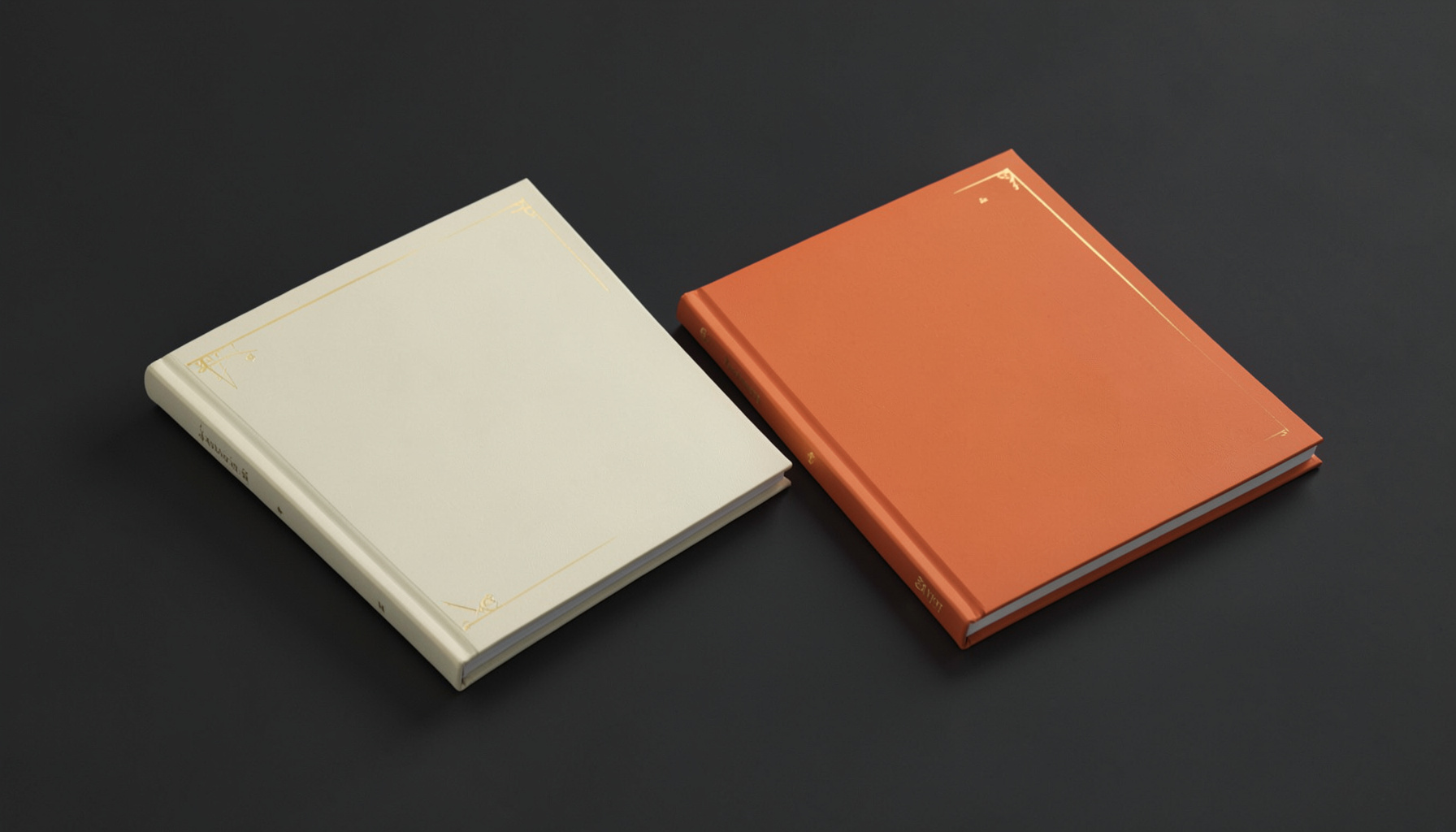 Isometric 3D render of an LP-size jacket and photobook side by side, in muted cream and rust tones with subtle gold foil accents