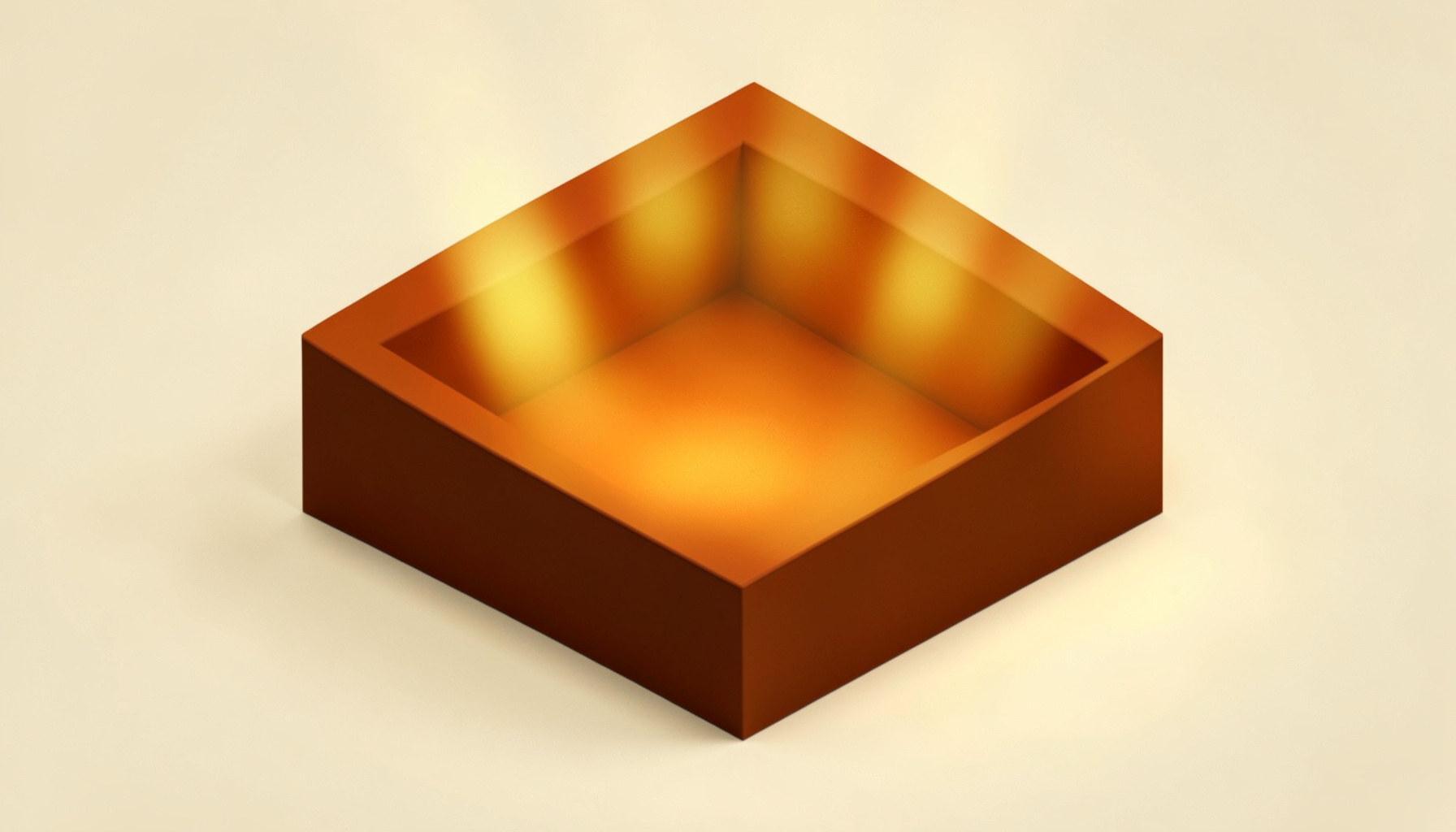 Isometric 3D render of a warm rust-brown concert stage block glowing with mustard-gold stage lights against a cream-colored backdrop, dramatic and atmospheric