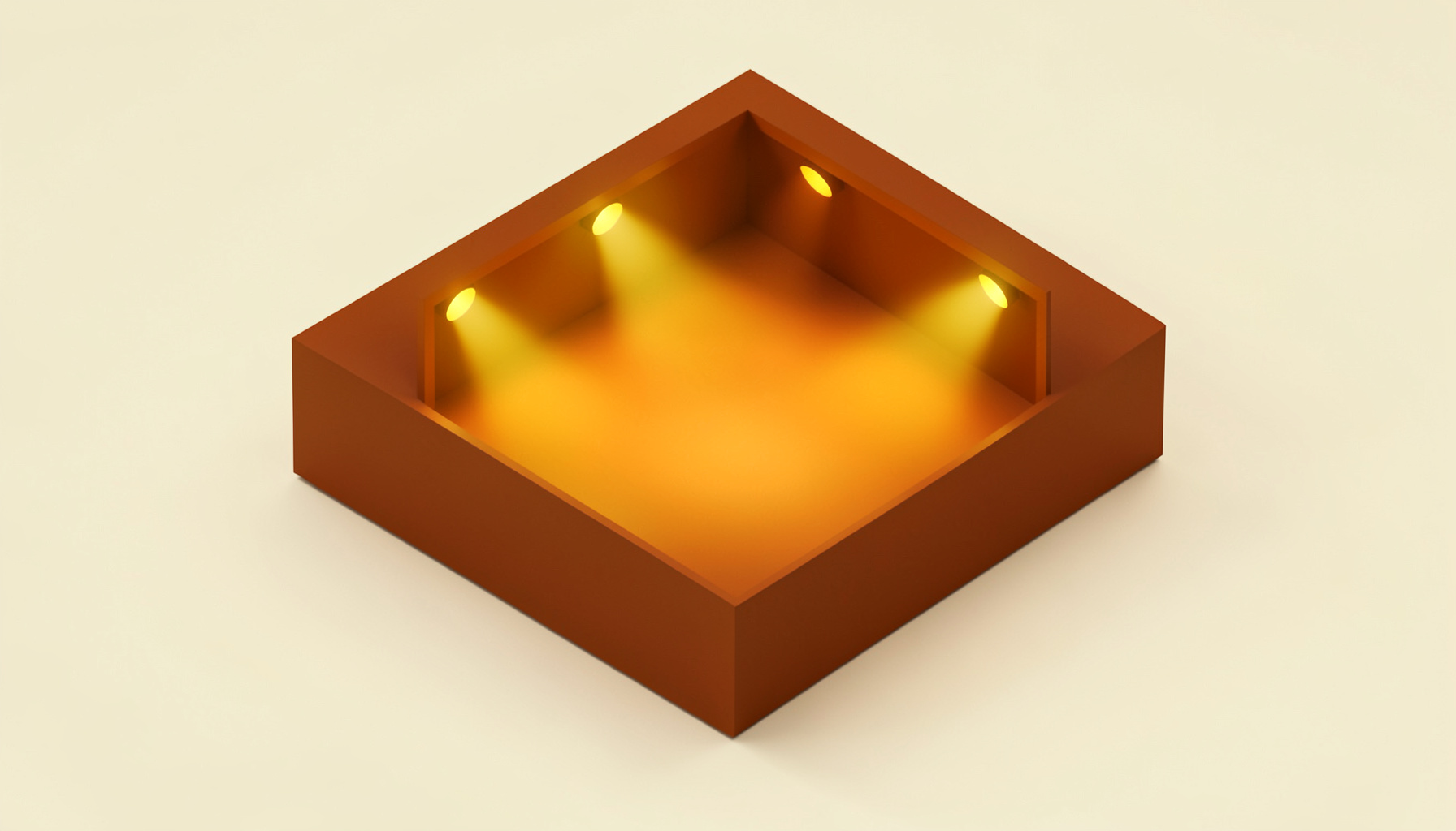 Isometric 3D render of a warm rust-brown concert stage block glowing with mustard-gold stage lights against a cream-colored backdrop