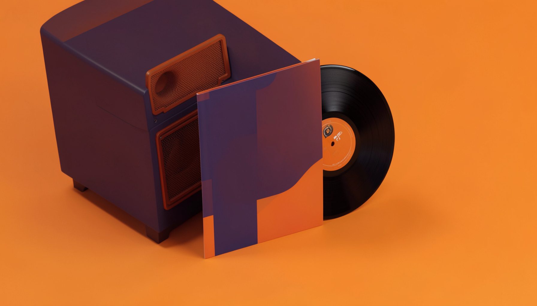 Isometric 3D render of a vinyl record sleeve leaning against a warm amber-toned stage monitor, deep navy and rust accents
