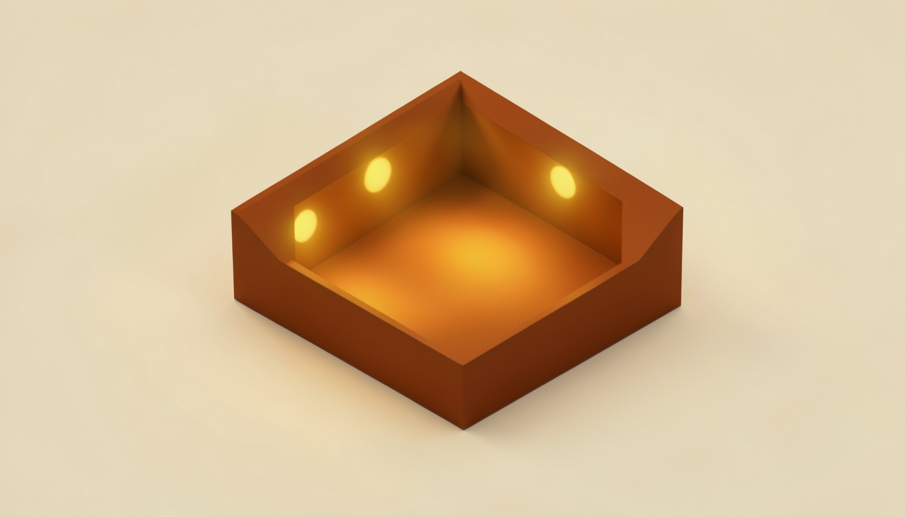 Isometric 3D render of a warm rust-brown concert stage block glowing with mustard-gold stage lights against a cream-colored backdrop, atmospheric and subdued