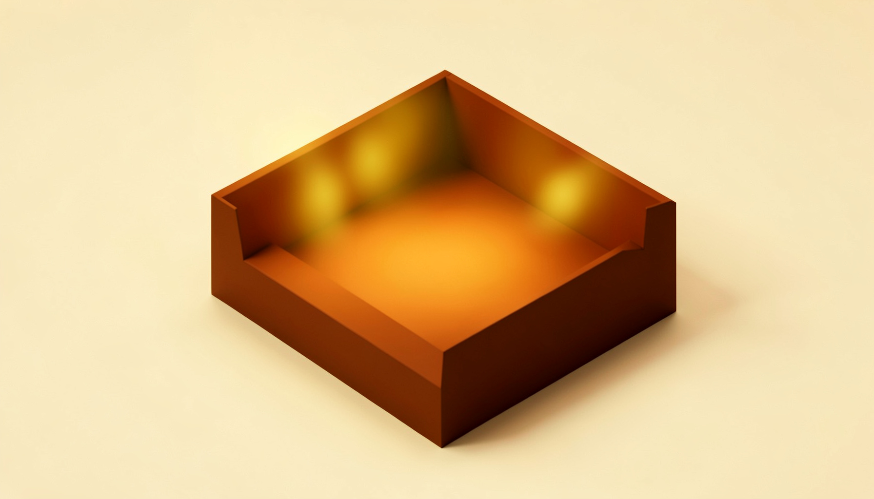 Isometric 3D render of a warm rust-brown concert stage block glowing with mustard-gold stage lights against a cream-colored backdrop, dramatic and atmospheric