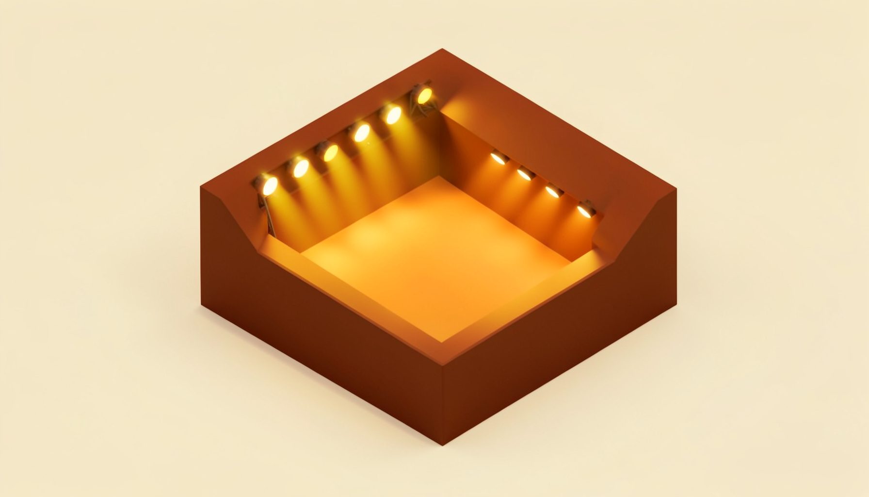 Isometric 3D render of a warm rust-brown concert stage block glowing with mustard-gold stage lights against a cream-colored backdrop