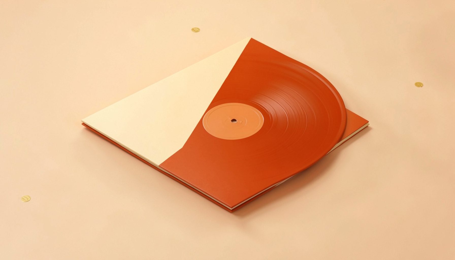 Isometric 3D render of a vinyl-record-style jacket in warm cream and rust tones, resting on a soft-lit surface