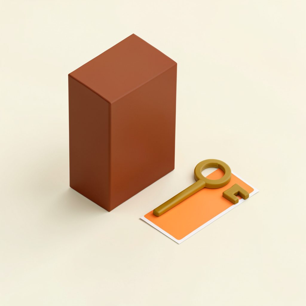 Isometric 3D render of a tall rust-brown gift box beside a mustard-gold keyholder shape and a small sticker sheet, set on a cream surface