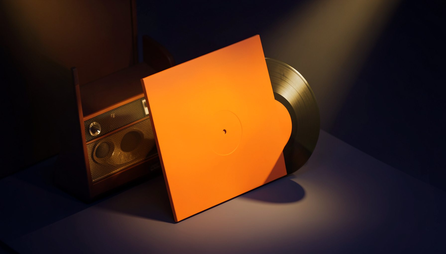 Isometric 3D render of a vinyl record sleeve leaning against a warm amber-toned stage monitor, deep navy and rust accents