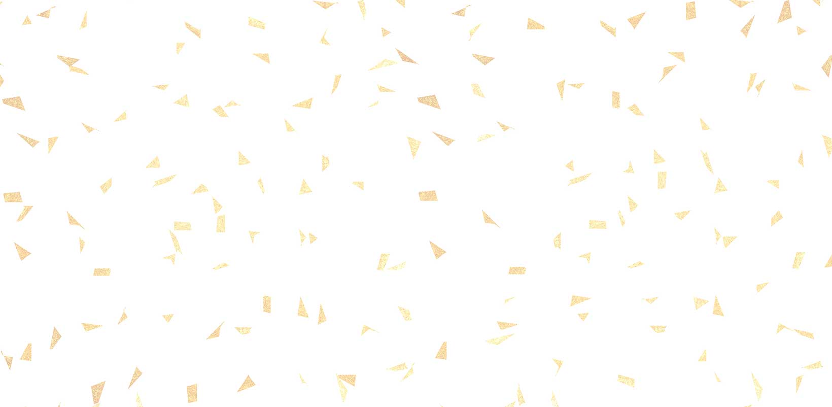 Abstract pattern of scattered gold confetti-like triangle shapes on a white background, bright and festive mood