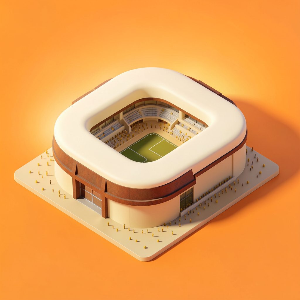Isometric 3D render of a rounded cream-colored stadium model with rust-brown accents and small mustard-gold crowd dots under soft lighting